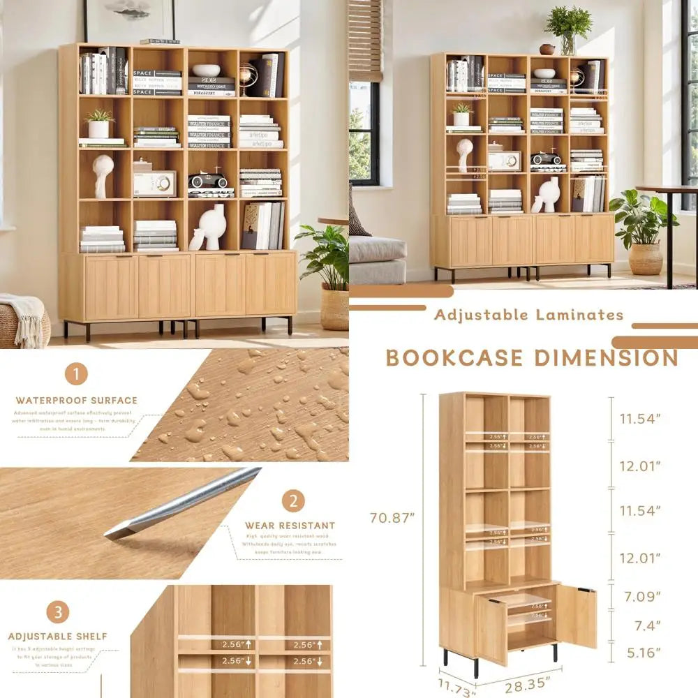 71 Inch Tall Wooden Bookcase with Doors and Adjustable Shelves, 4-Tier Farmhouse Style Cabinet for Living Room, Office, Kitchen