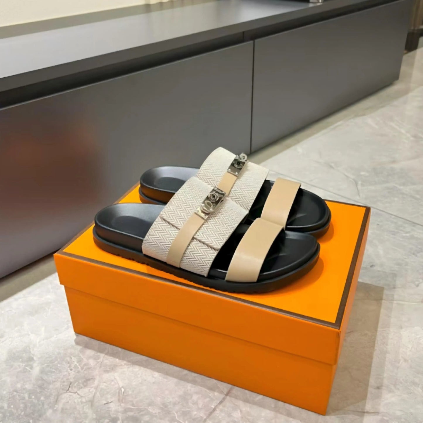 Luxury Women’s Leather Buckle Slide Sandals