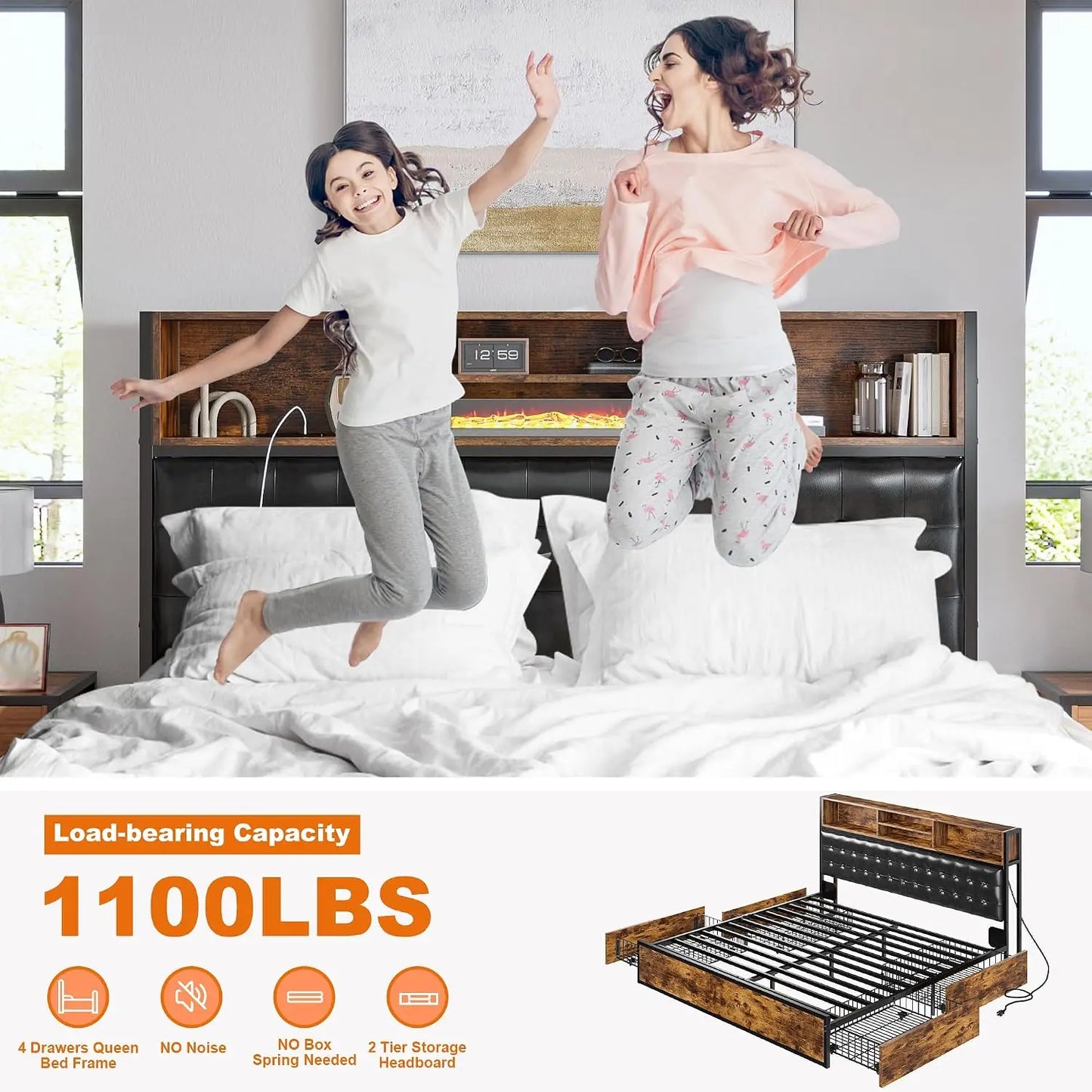Upholstered Platform Bed with Tall Padded Headboard