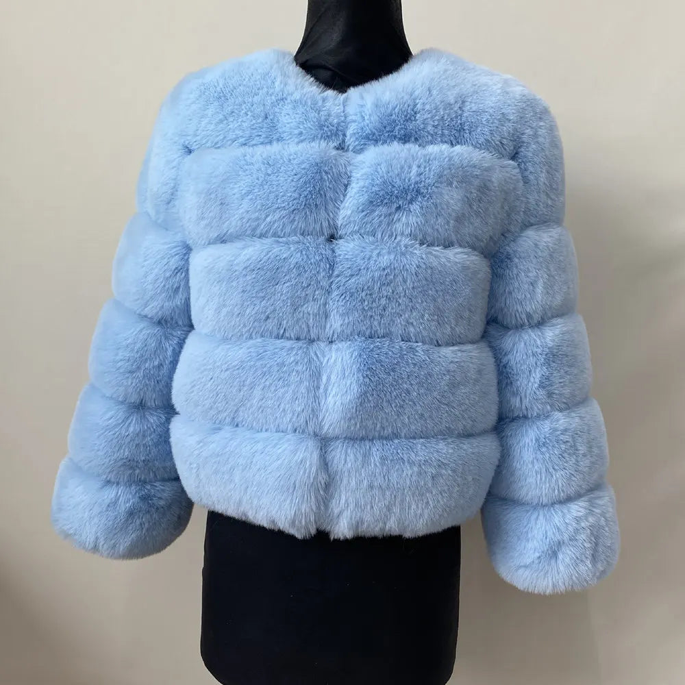 Women's Faux Fur Jacket . Plush Cropped Winter Coat with High Collar
