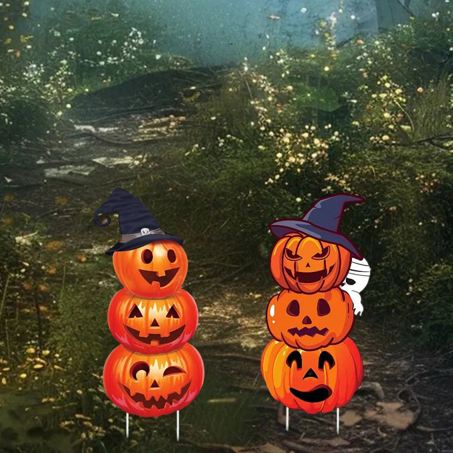 Halloween Pumpkin Stack Yard Signs With Witch Hats Set Of 2