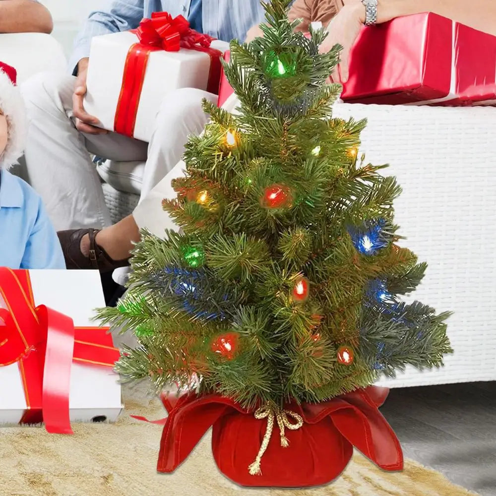 Pre-Lit Artificial Pine Christmas Tree . 60cm Mini Tabletop Christmas Tree with Warm LED Lights & Burlap Base