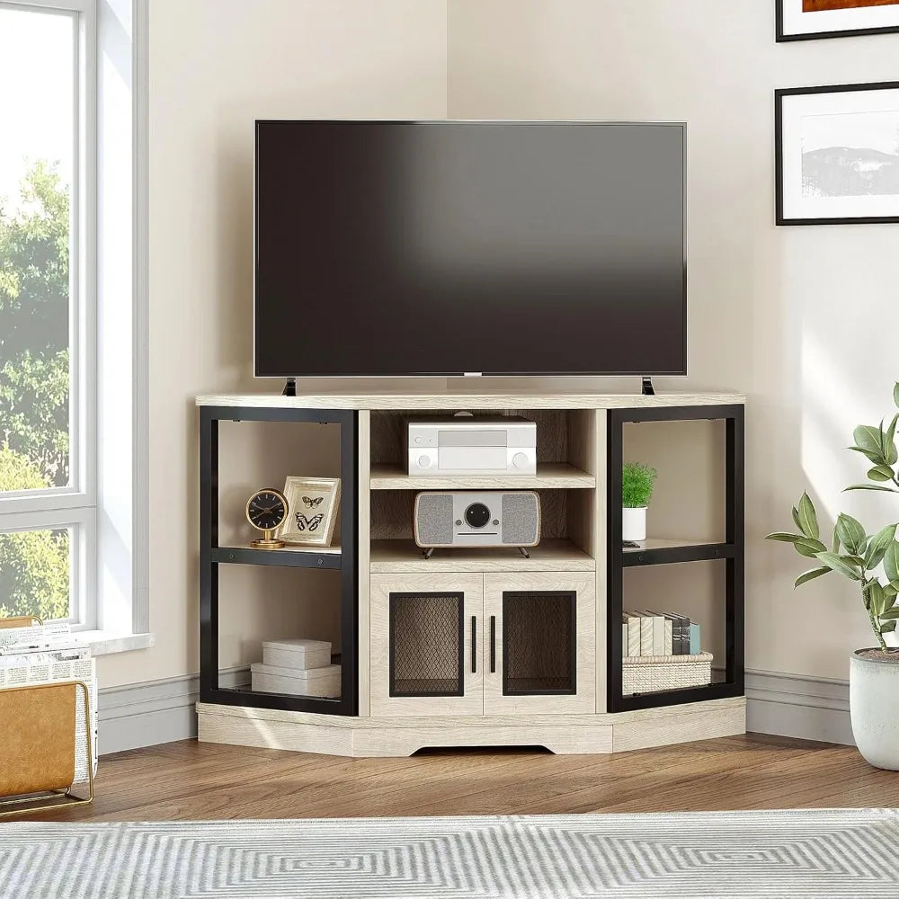 Corner TV Stand for TVs up to 55/50 Inch with Power Outlet, Modern Farmhouse Entertainment Center, Wood TV Media Console with S