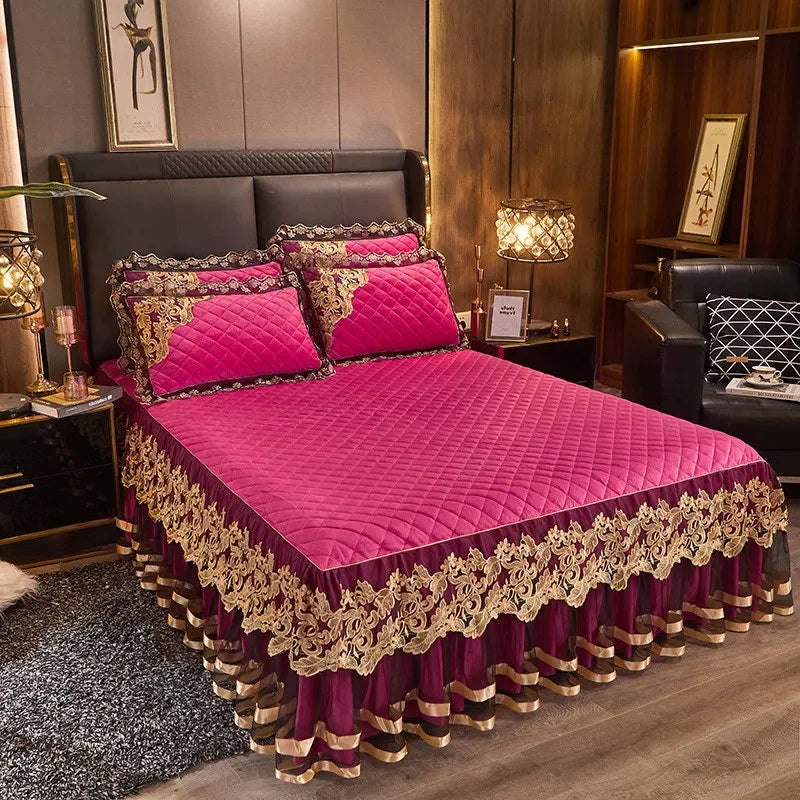 Luxury Gold Embroidered Velvet Quilted Bedspread Set