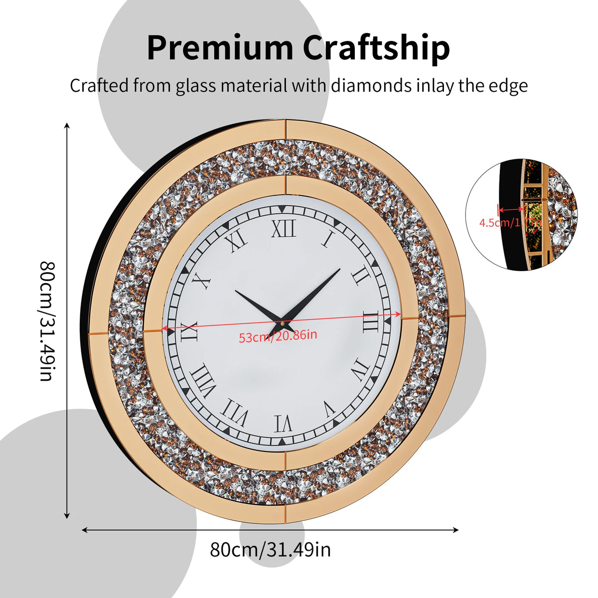 Elegant Mirrored Wall Clock – Crystal-Inspired Decorative Round Clock