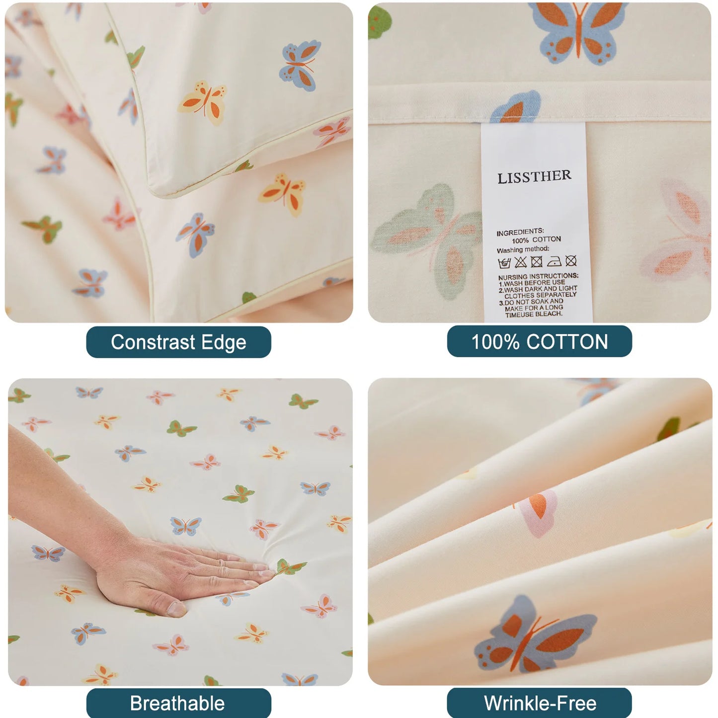 3pcs 600TC 100% Egyptian Cotton Duvet Cover Set, Luxury Colorful Butterfly Design, Soft Skin-Friendly (No Inserts)