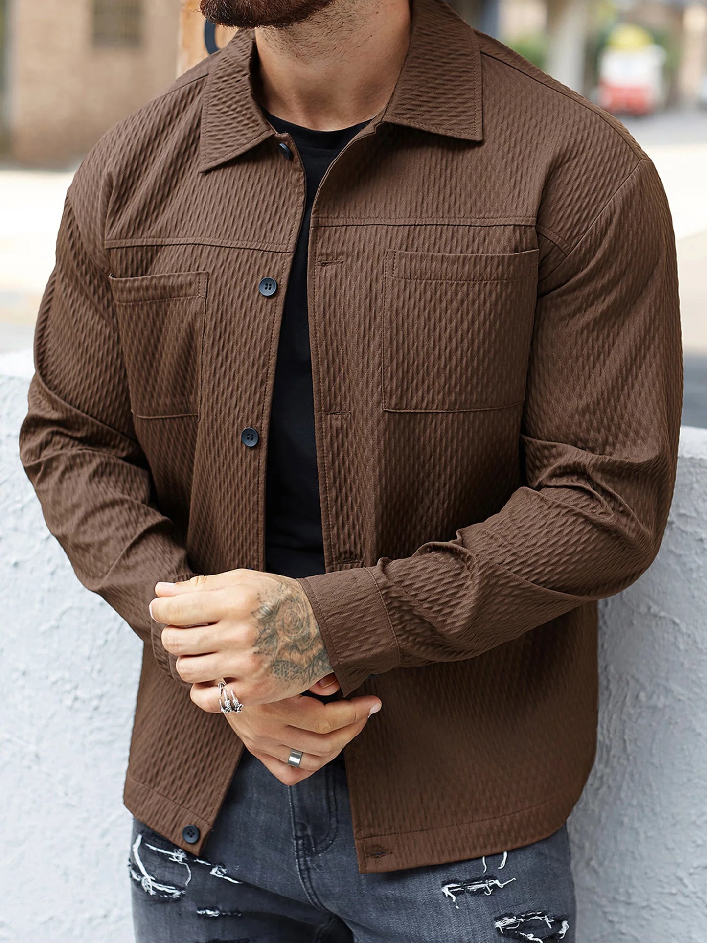 Men s Casual Shirt Jacket Regular Fit Solid Color Long Sleeve Button-up Tops Spring Fall Streetwear Fashion Outwear Coat