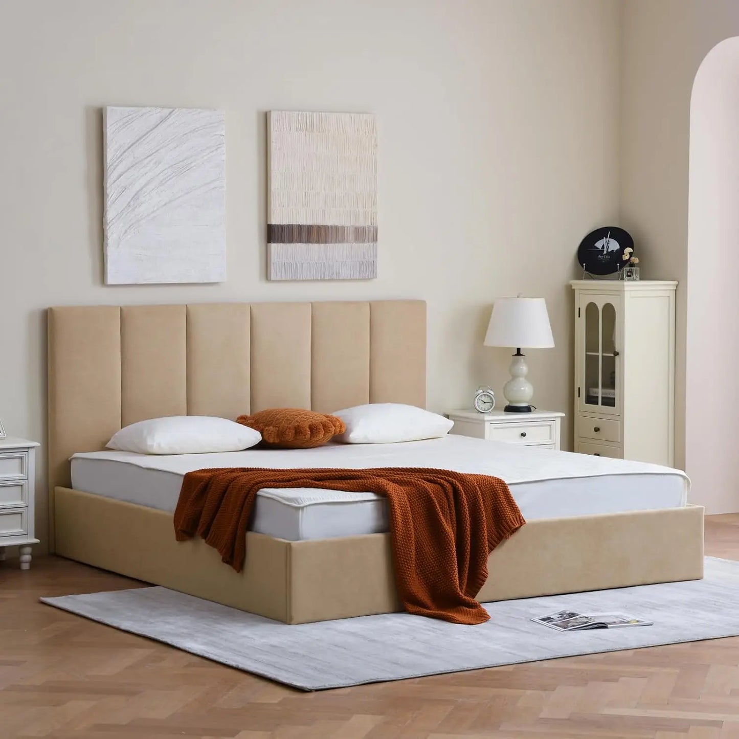 King Size Upholstered Lift-Up Storage Bed with Headboard