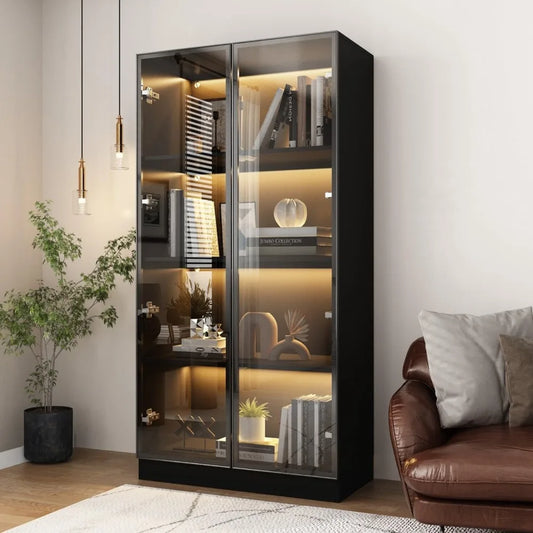 Display Cabinet with Lights, Glass Cabinet with Doors and 4 Tier Shelves, Bookcase Display Case for Collectible, Living Room Of