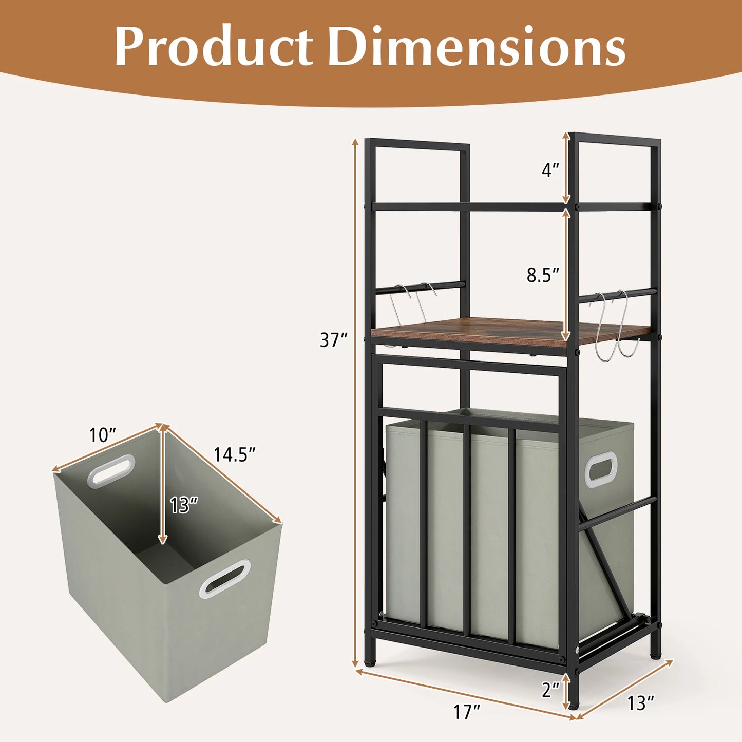 2-Tier Laundry Hamper Organizer with Tilt-Out Basket, Storage Shelf and 4 Hooks