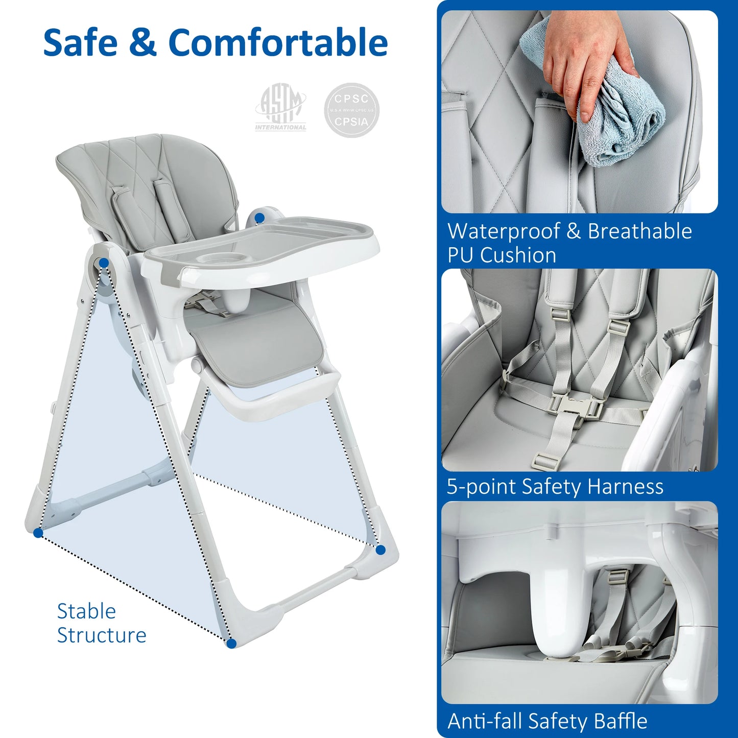 Multifunction Baby High Chair with Adjustable Height, Reclining Seat & Feeding Tray