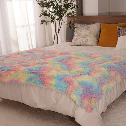 Soft Rainbow Fluffy Plush Blanket Bedspread For Home Use
