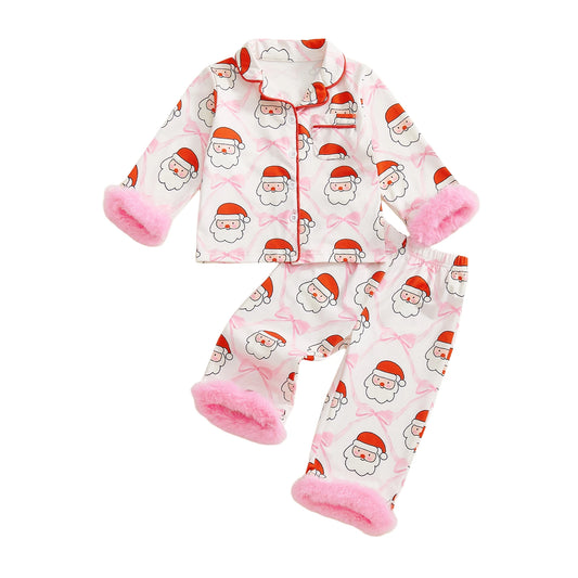 Little Girl Christmas Pajama Set Santa Fuzzy Trim Long Sleeve Tops and Elastic Waist Pants 2 Piece Sleepwear Outfit