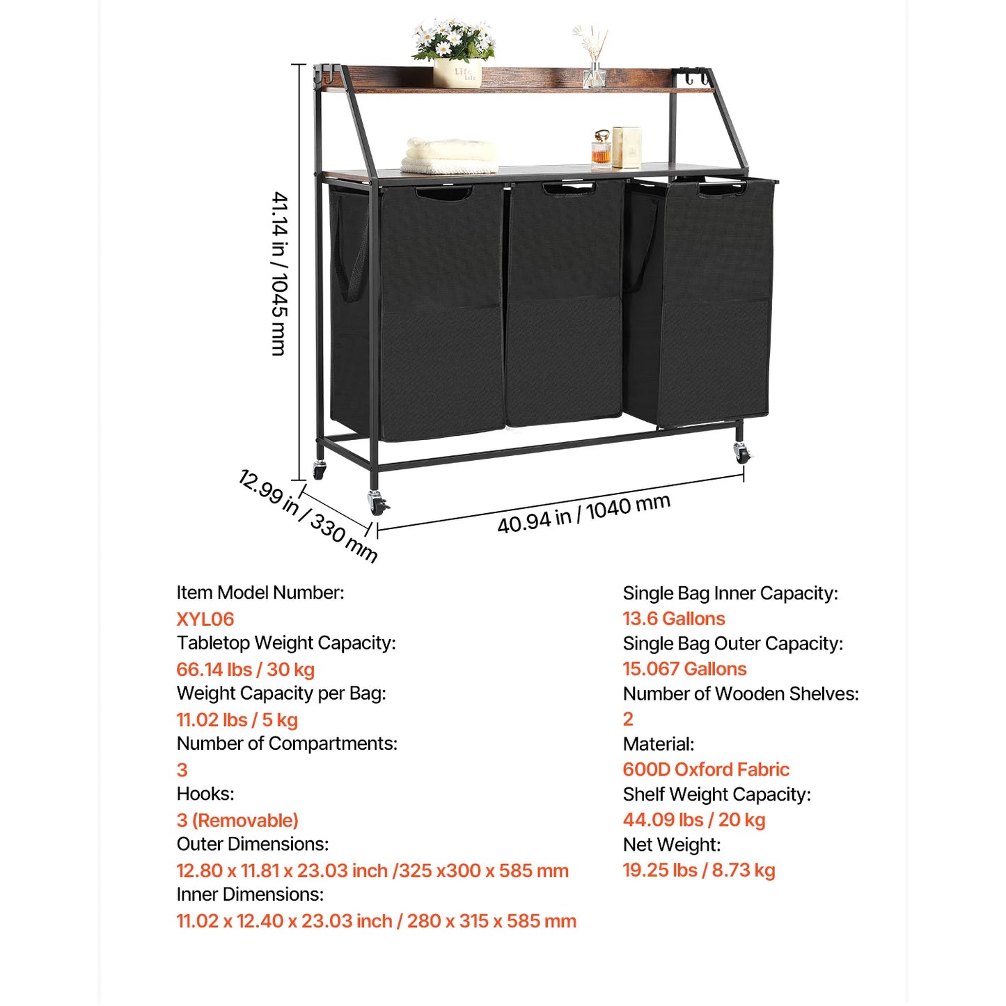 3-Section Laundry Sorter with Storage Shelf. Rolling Laundry Organizer