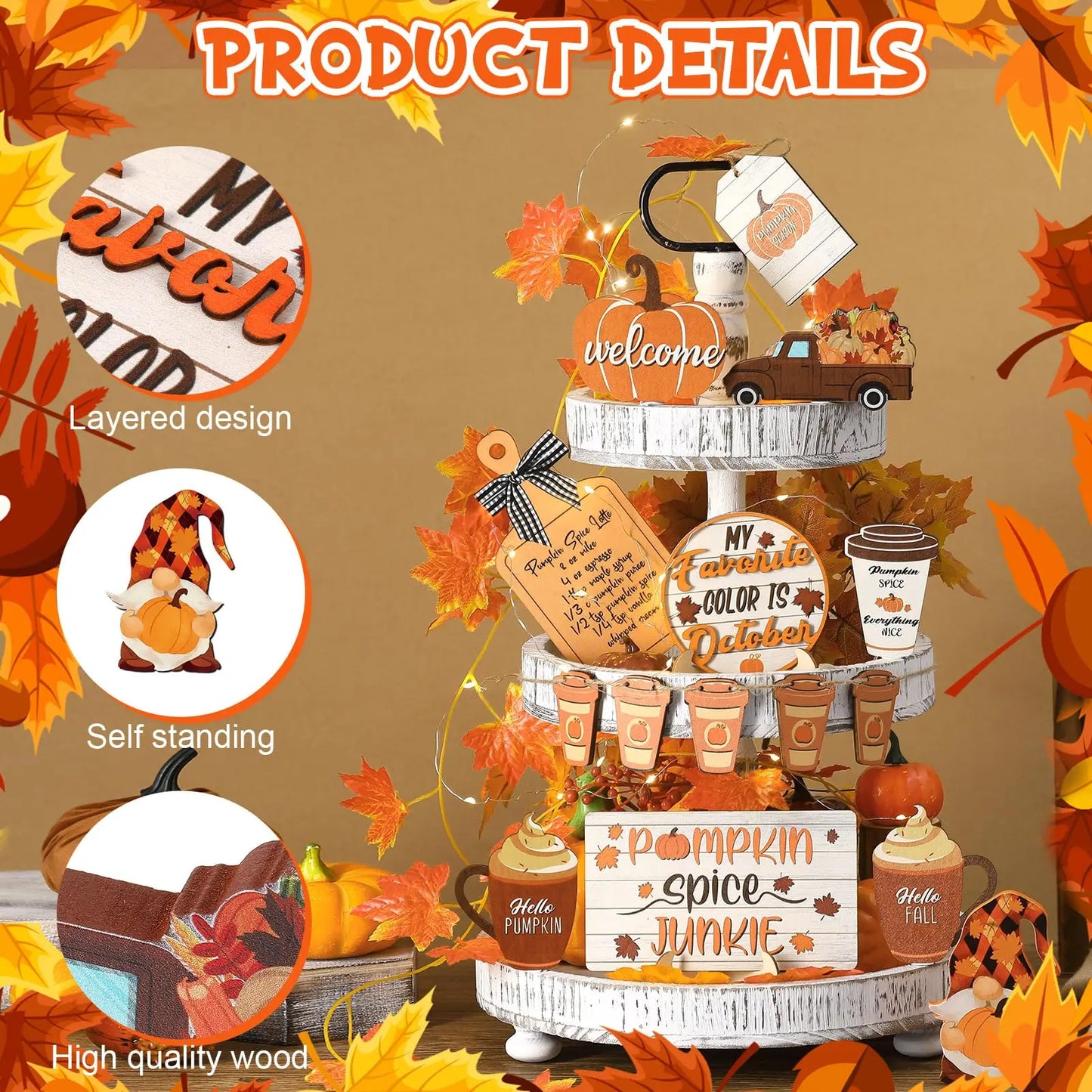 15 Pcs Fall Tiered Tray Decor Set Fall Thanksgiving Pumpkin Table Decor Drinking Coffee Rustic Farmhouse Coffe Truck Spice Block Autumn Wooden Tabletop Sign for Thanksgiving Day Home Office