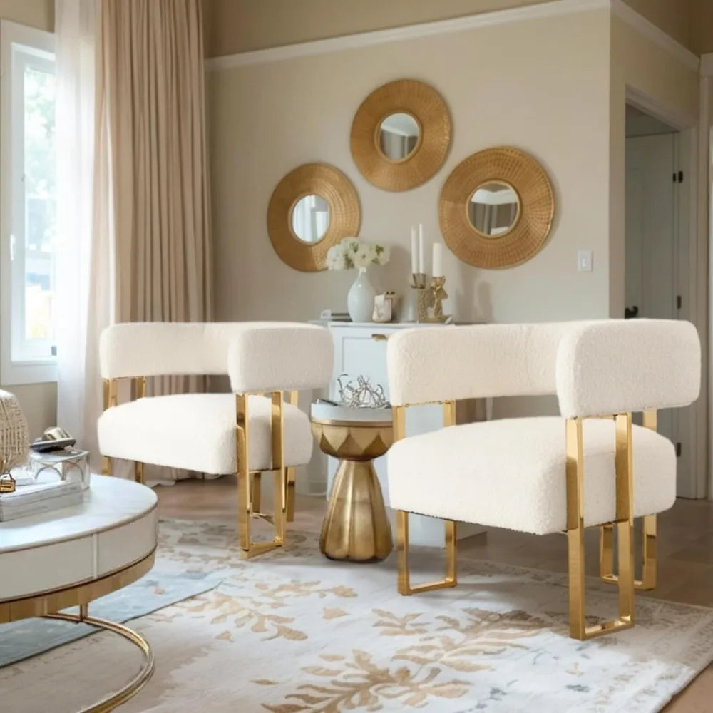 Modern Boucle Accent Chairs Set of 2, White Upholstered Barrel Armchair Living Room Chair with Gold Metal Legs Comfy Corner Sofa
