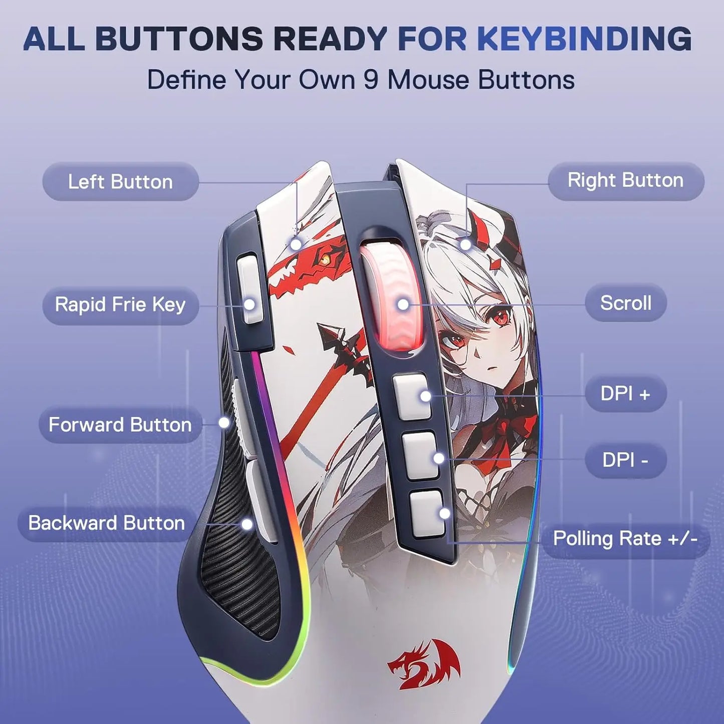 Redragon M612AK PRO RGB Gaming Mouse, 8000 DPI Wired & Wireless Optical Mouse with Programmable Buttons for PC, Laptop & Gaming