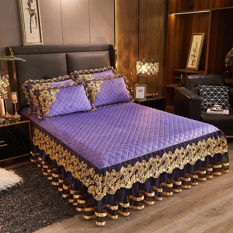 Luxury Gold Embroidered Velvet Quilted Bedspread Set