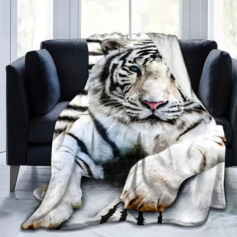 White Tiger Luxury Flannel Throw Blanket. Ultra Soft Cozy Animal Print Home Blanket