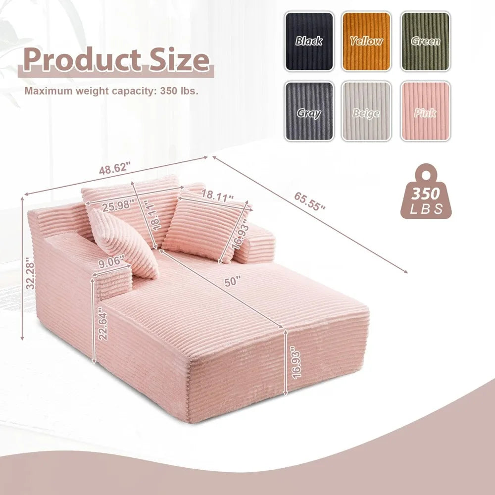 Oversized Chaise Lounge Chair - Corduroy Recliner with Deep Seat & 3 Throw Pillows, Upholstered Sleeper SofaBed for Living Room,