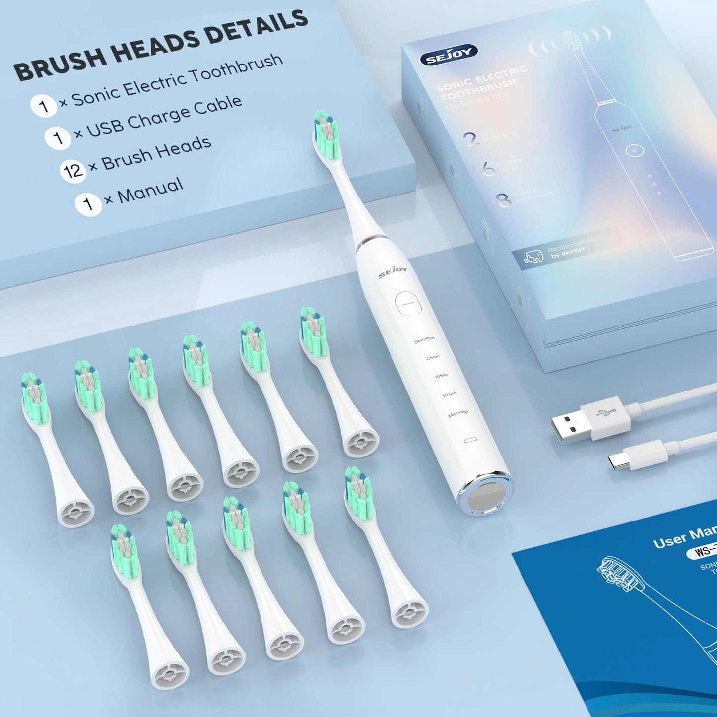 Smart Electric Toothbrush Rechargeable With 12pcs Replacement Head USB Tooth Brush 5 Modes Clean Whitening Sonic Toothbrush