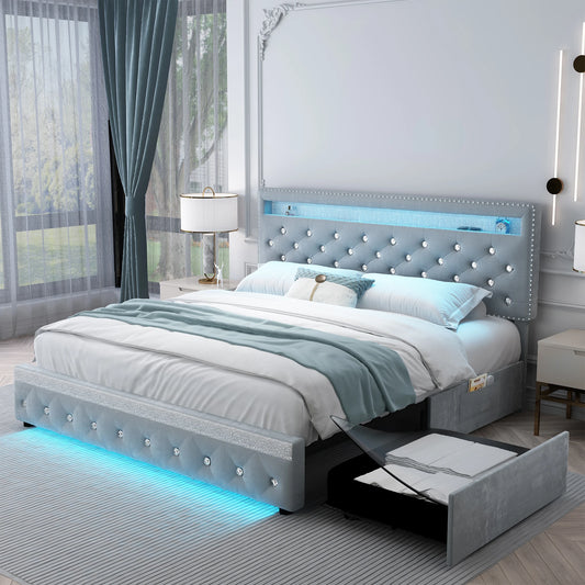 LED Bed Frame with Galaxy Star Projector, 2 Drawers, 52" PU Headboard with Charging Station, Noise Free, No Box Spring