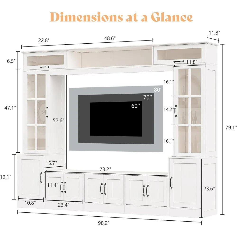 98" W Wall Unit TV Stand with Storage for TVs up to 80", Modern TV Console with LED Lights, Entertainment Center with Bookshelves.