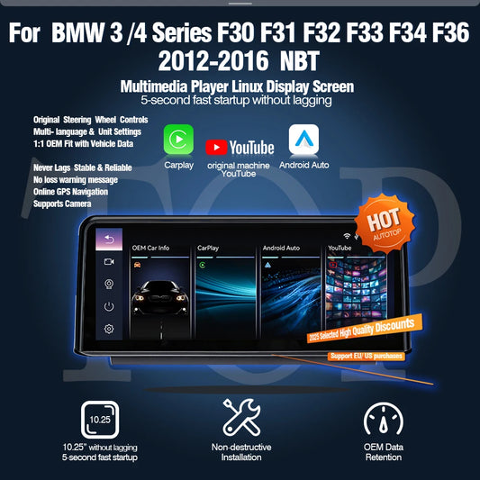 AUTOTOP 10.25" Youtube Wireless Carplay Android Auto Car Radio Display for BMW 3 4 Series F30 F31 F32 F33 F34 F36 2012-2016 NBT