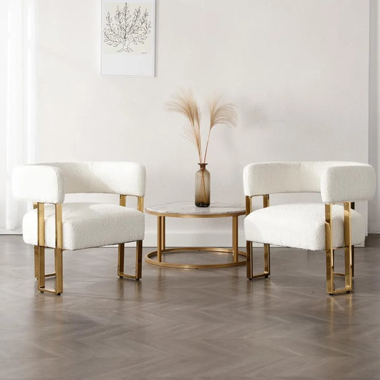 Modern Boucle Accent Chairs Set of 2, White Upholstered Barrel Armchair Living Room Chair with Gold Metal Legs Comfy Corner Sofa