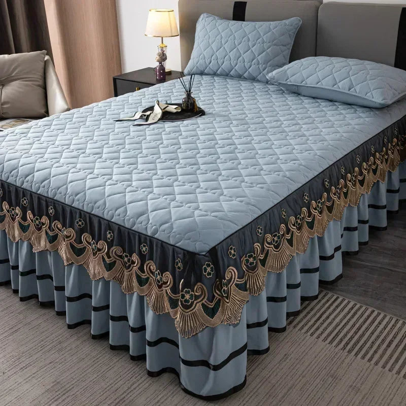 Elegant Embroidered Lace Quilted Bed Skirt Set