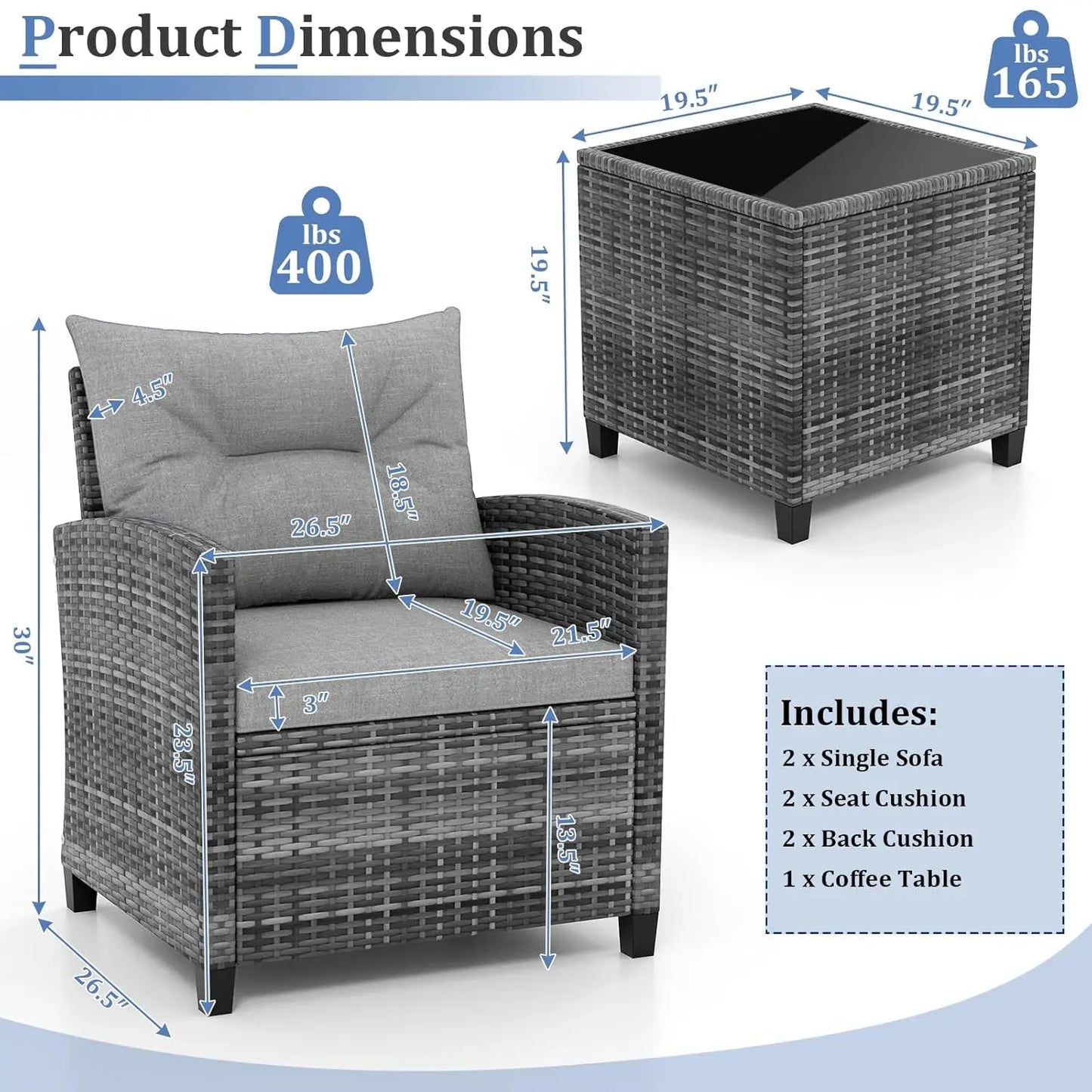 Modern 3 Piece Outdoor Patio Conversation Set with Cushioned Chairs and Coffee Table