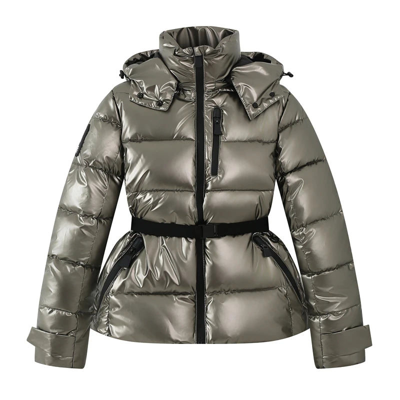 Women's Winter Hooded Puffer Jacket. High-Waist Belted Warm Coat
