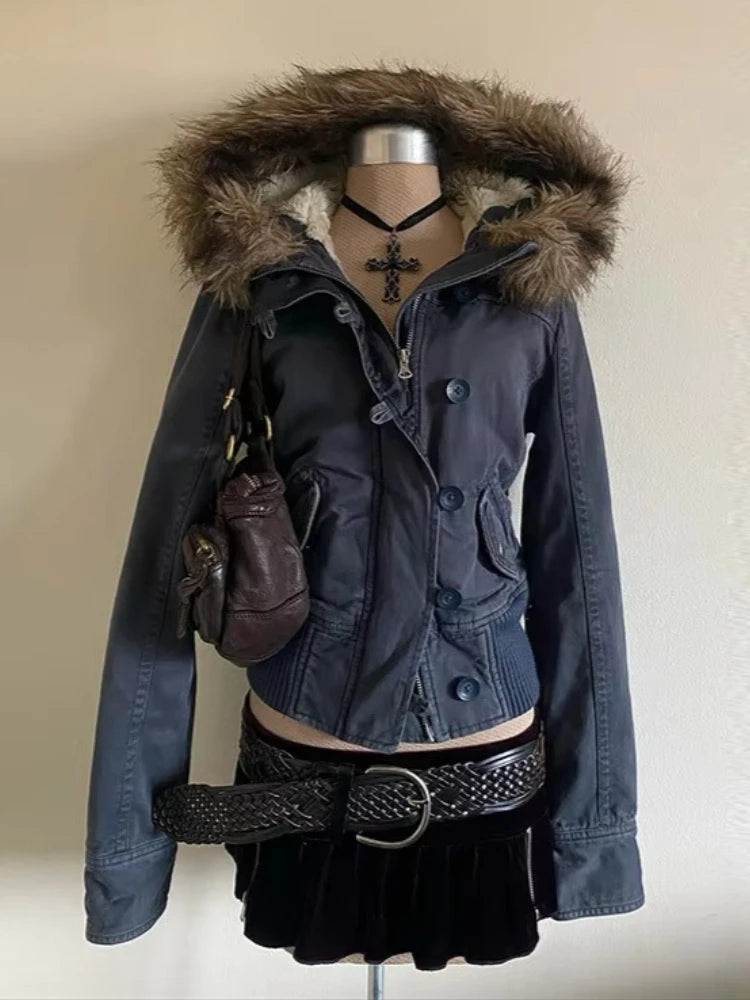 Women's Hooded Faux Fur Trim Winter Parka . Warm Padded Coat with Pockets