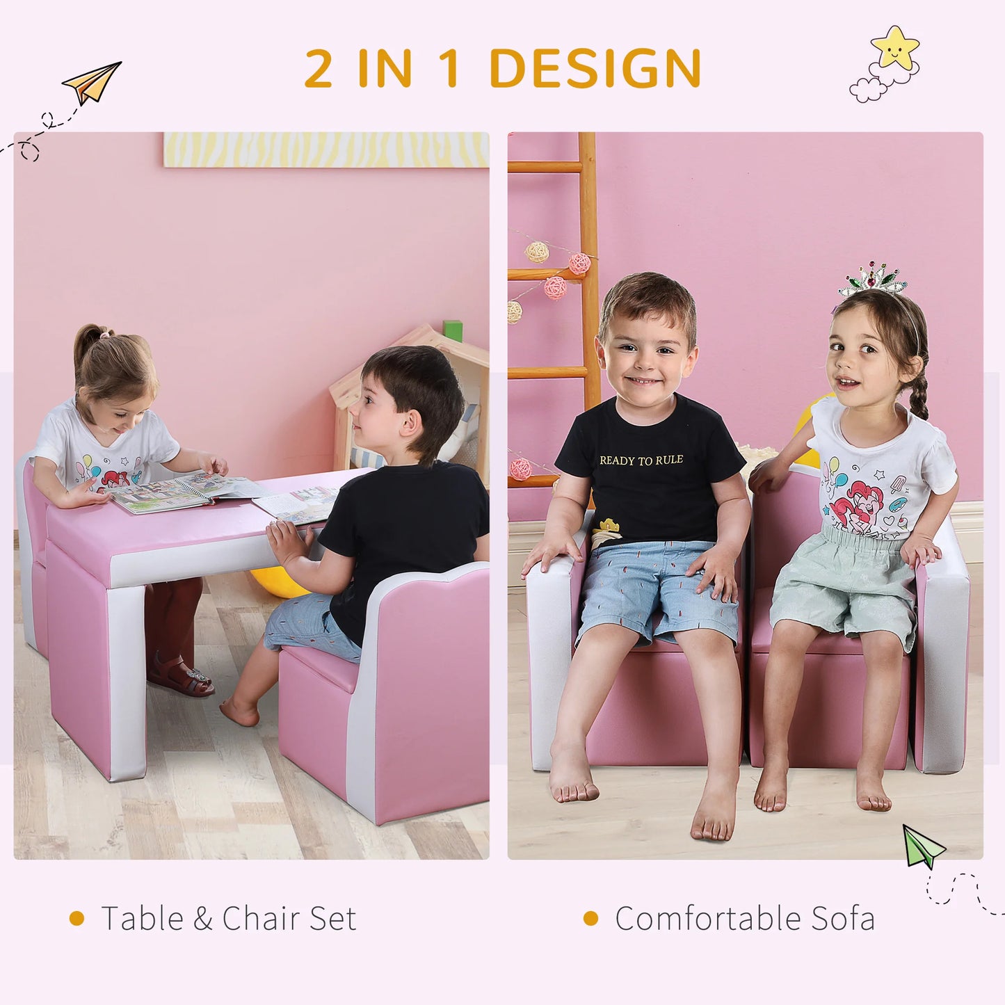 Kids Leather Sofa Armchair Multi-functional Table Chair Set Storage Pink
