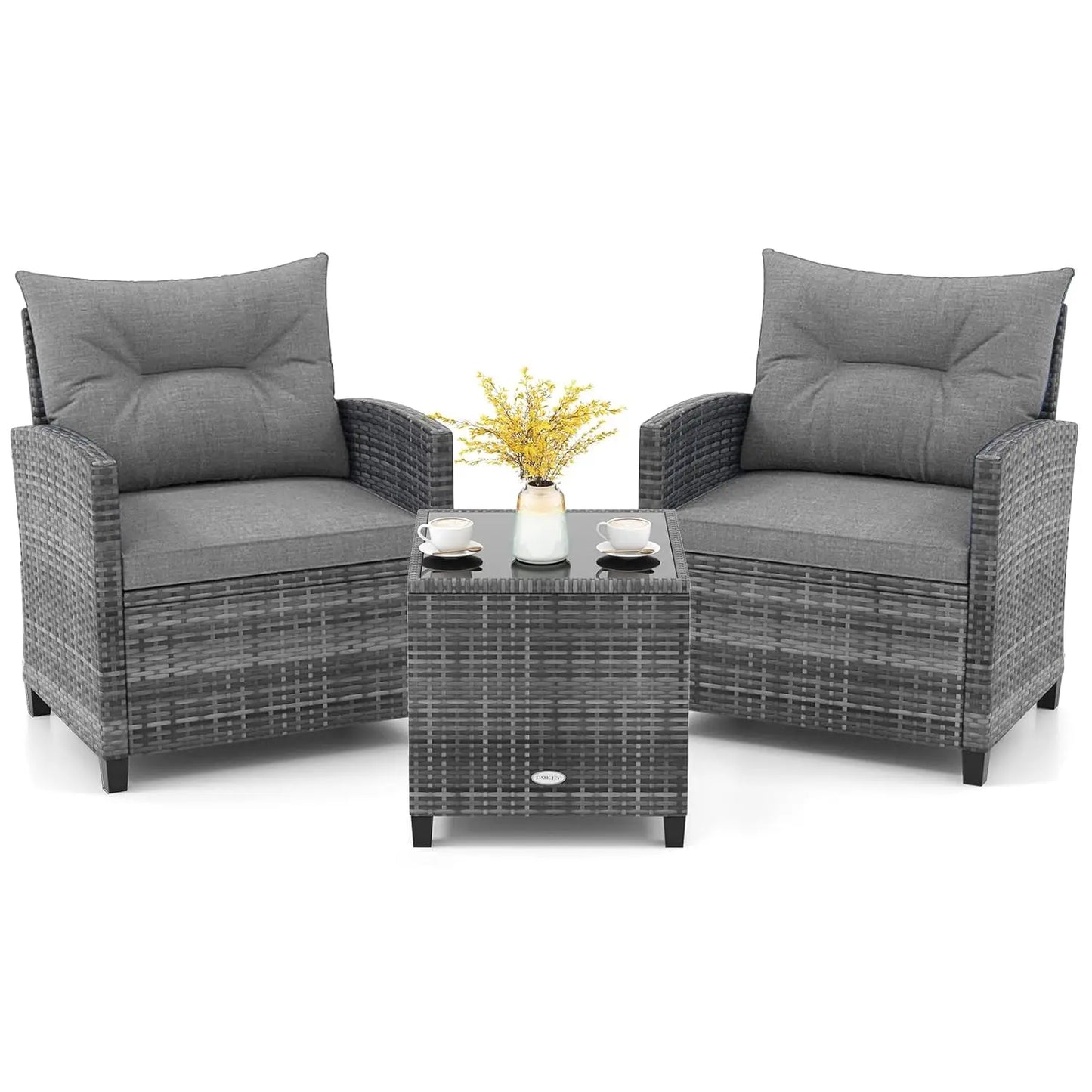 Modern 3 Piece Outdoor Patio Conversation Set with Cushioned Chairs and Coffee Table
