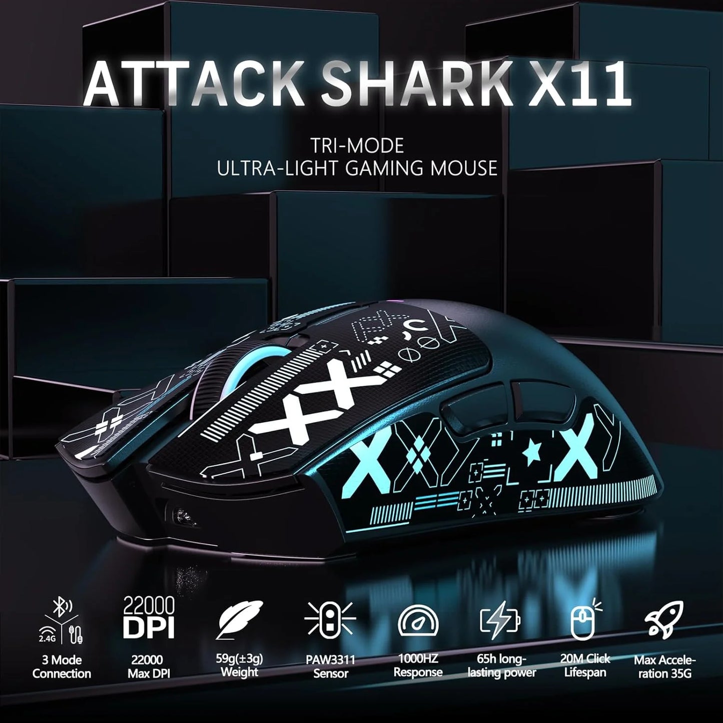ATTACK SHARK X11 Wireless Gaming Mouse with RGB Magnetic Charging Dock, Tri-Mode Bluetooth/2.4GHz/USB-C, Ergonomic Rechargeable Mouse for PC, Mac & Laptop