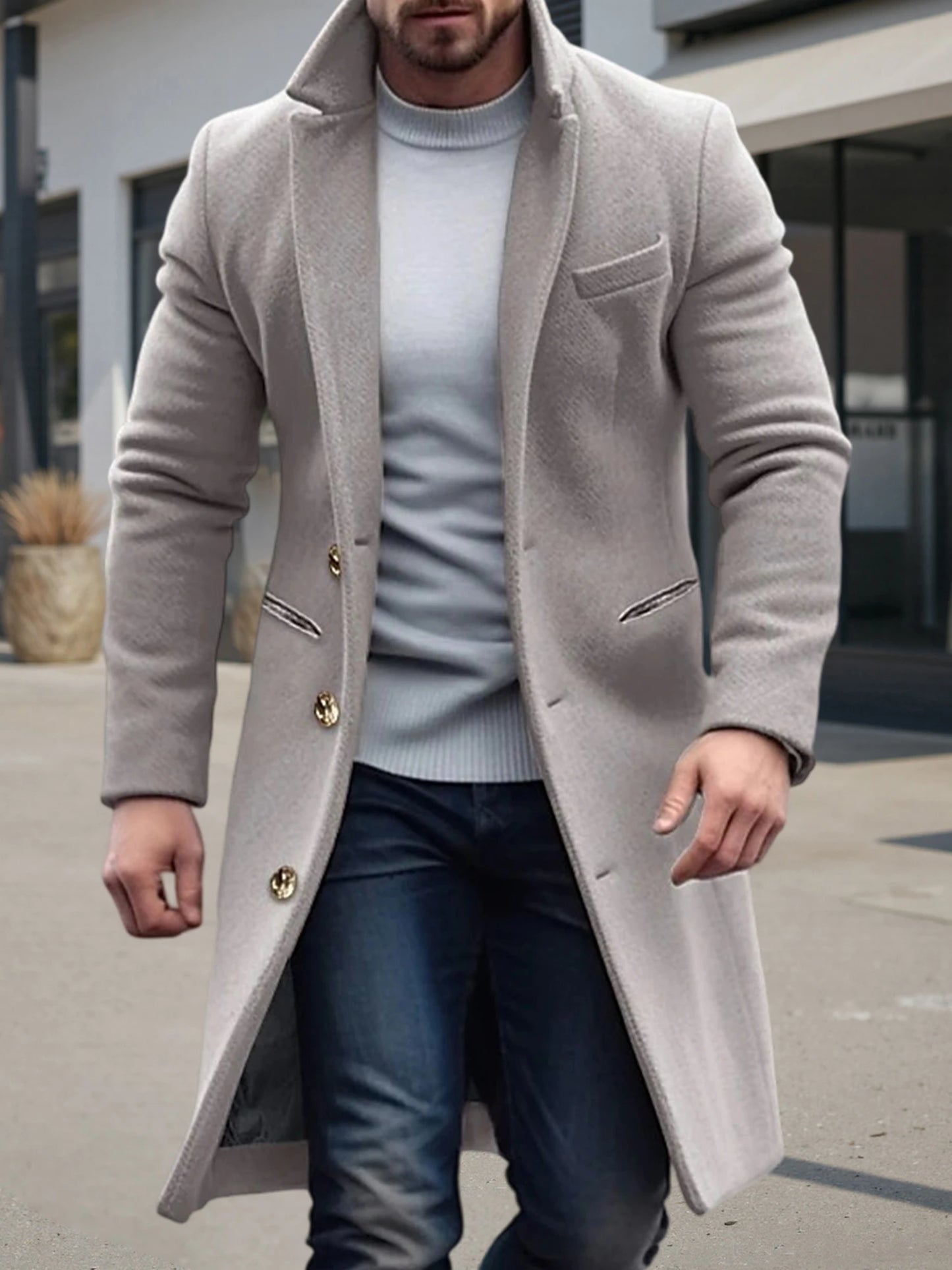 Men s Classic Wool Blend Pea Coat with Notched Lapel and Button Closure for Stylish Winter Outerwear and Streetwear Fashion