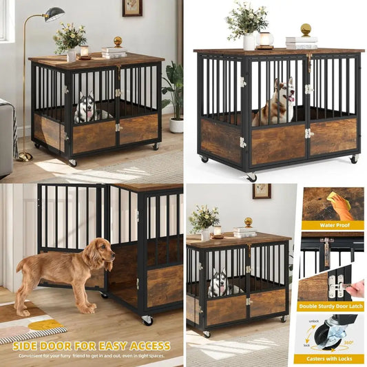 DWVO Dog Crate Furniture with Wheels, 38 Inch Dog Kennel Indoor Furniture End Table Dog Crate for Dogs, Farmhouse Decorative Woo
