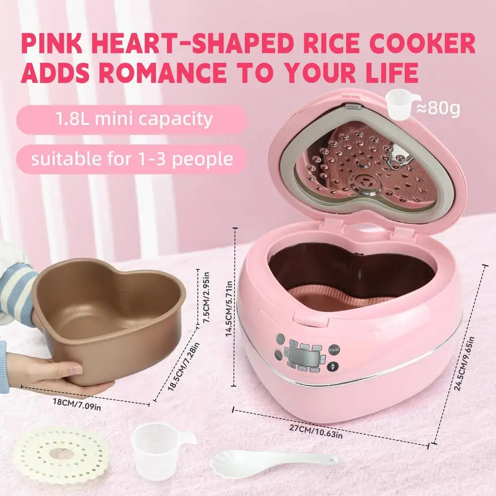 Heart Shape Rice Cooker 8 Cup Cooked 4 Cup Uncooked Multifunctional Kitchen Gadget Timer Porridge Stew Soup Cake Yogurt Steamer