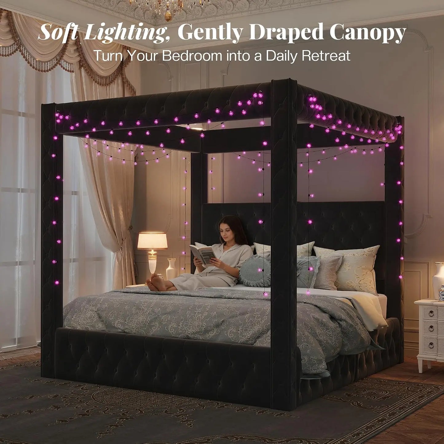 Velvet Upholstered Canopy Bed Frame with Padded Headboard