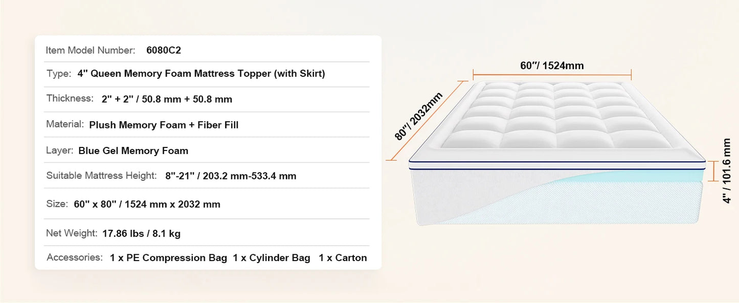 SucceBuy Mattress Topper Queen Size 3 in/4 in Thickness Memory Foam&Fiber Fill Ergonomically Designed for Pressure Relief