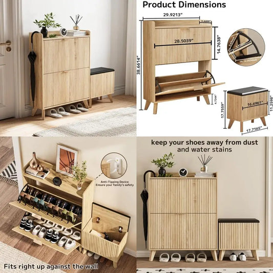 Narrow Solid Wood Shoe Cabinet with Flip Drawers, Bench, and Adjustable Shelf