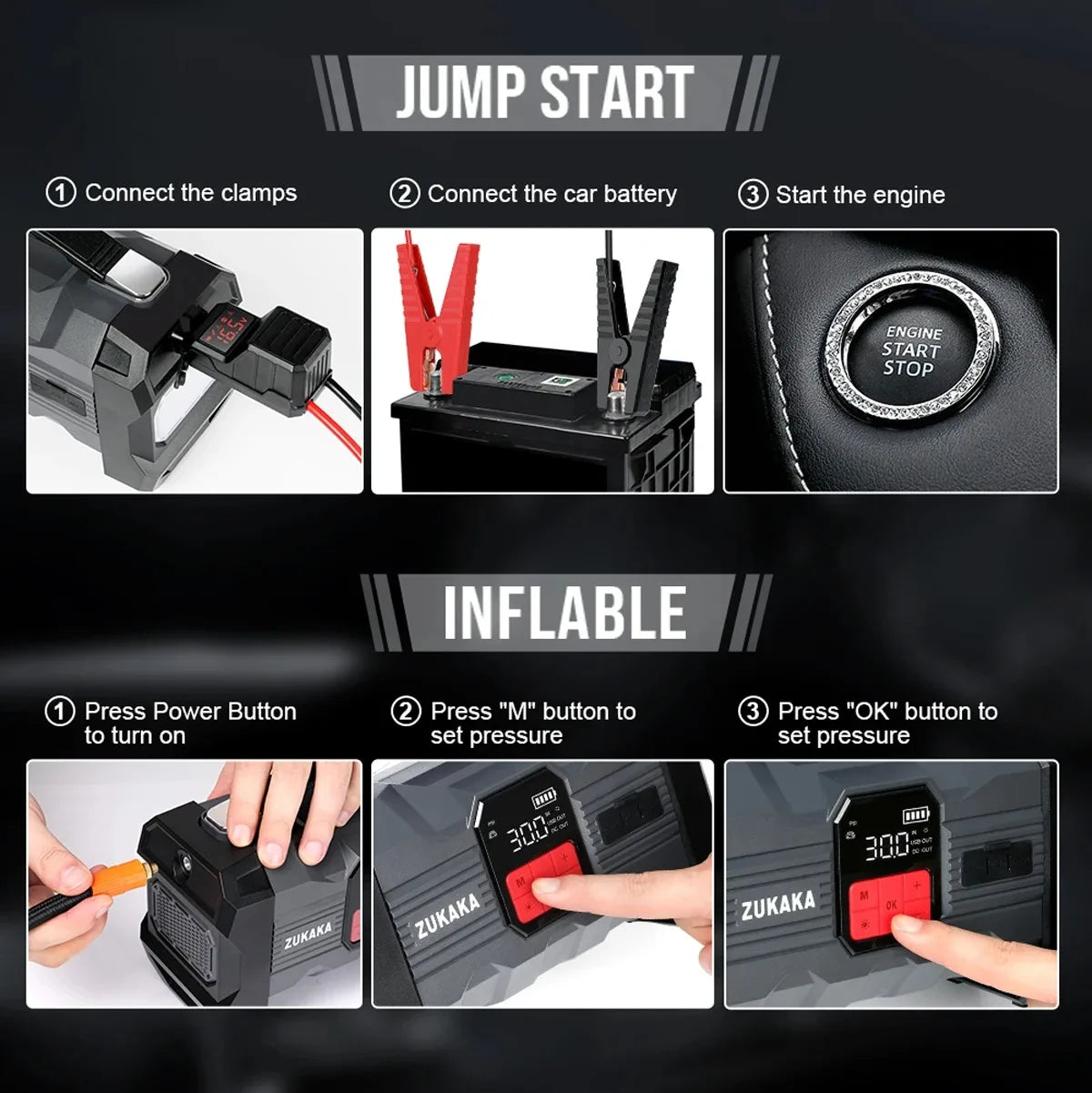 26800mAh Jump Starter with Air Compressor 1000A/1500A PEAK  Booster Tyre Inflator Portable Car Battery Power Bank Charger Air Pump,with LCD Display, Jump Starter Power Bank  (All Gas/ 8.0L Diesel), LED Light, Design for Cars,