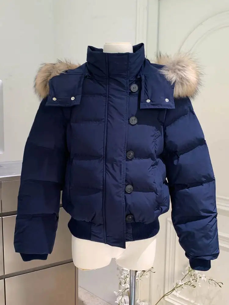 Women's Hooded Winter Puffer Jacket. Thick Padded Coat with Faux Fur Trim
