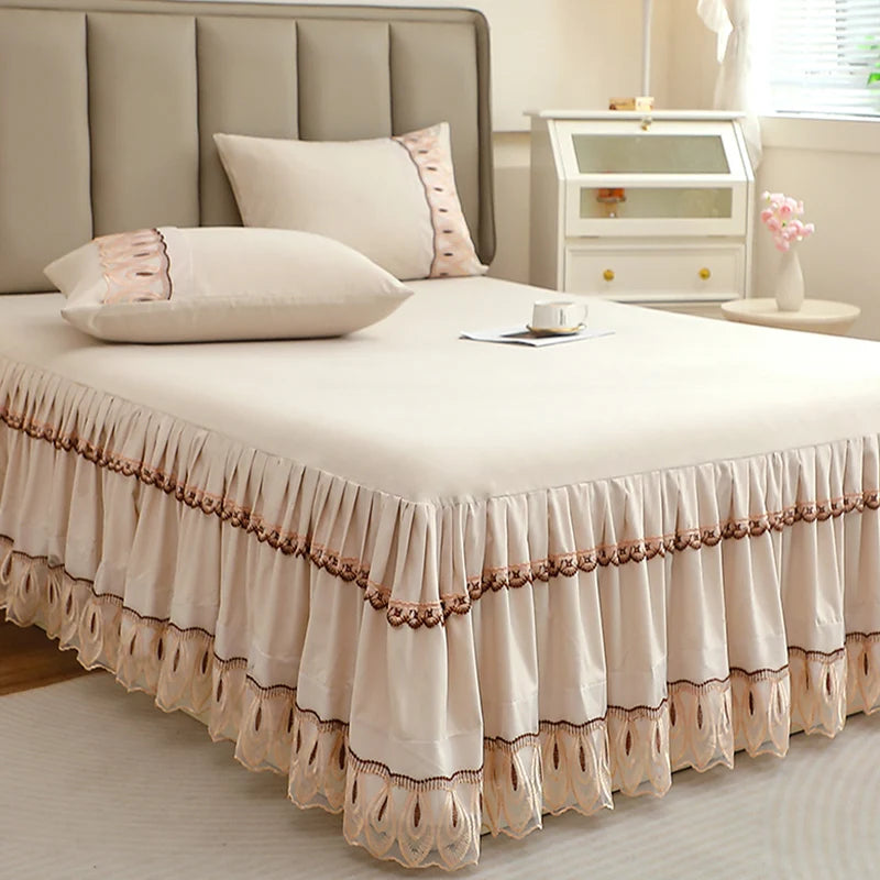 Elegant Solid Color Lace Bed Skirt Set