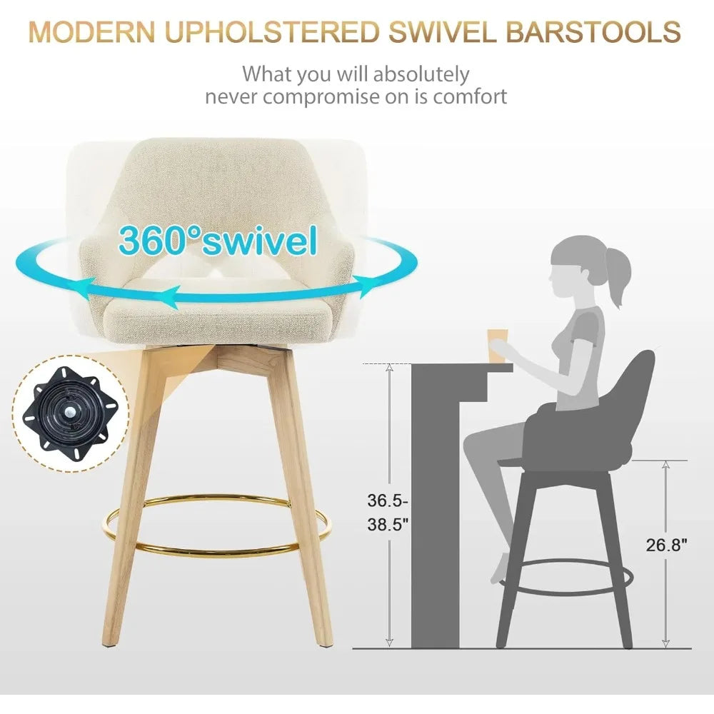 Swivel Counter Stools Set of 2, Raw Wood Tone Counter Height Bar Stools with Ergonomic Back, Soft Linen Fabric Island Chairs wi