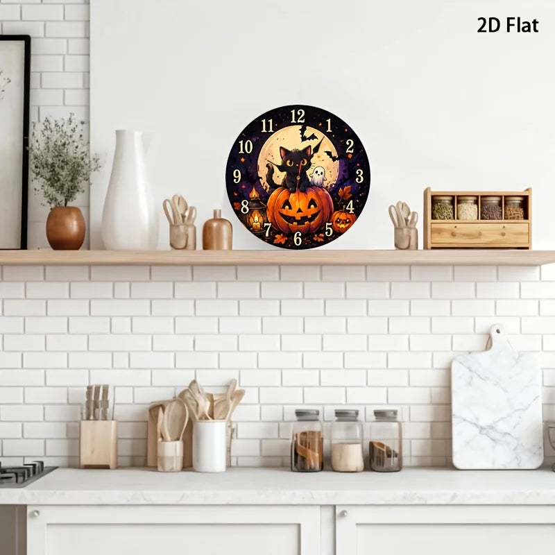 Black Cat & Pumpkin Halloween Wall Clock . Silent Non-Ticking Decorative Clock for Spooky Home Décor