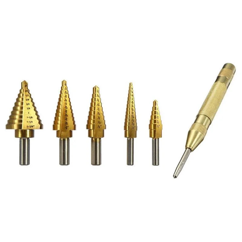 Step Drill Bit Set 5-Piece Titanium-Coated High Speed Steel with Automatic Center Punch for Drilling Sheet Metal Step Drill Bit