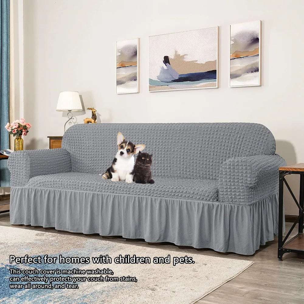 High Elastic Bubble Grid Sofa Cover 1/2/3/4 With Skirt Hem Universal Stretch Couch Protector For Home Living Room Pet Anti Dirt