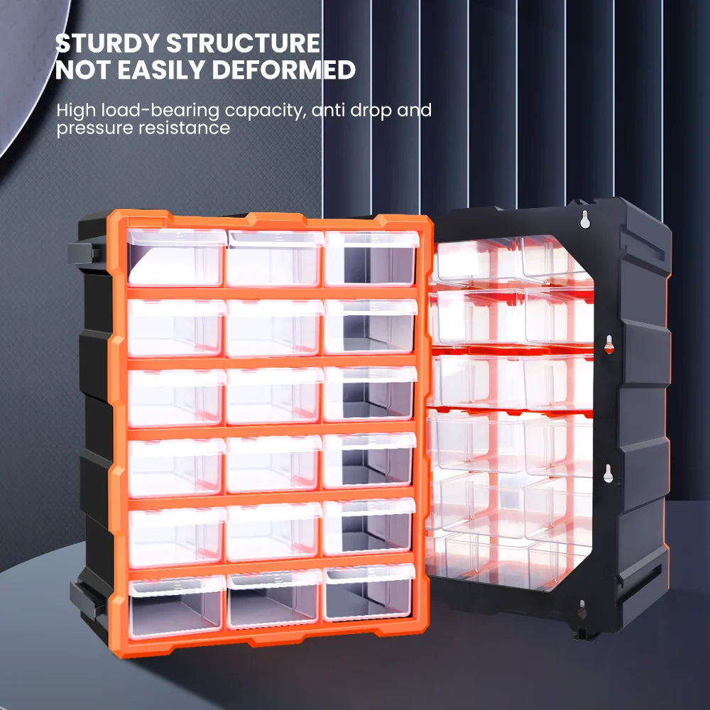 AIRAJ Multi-Drawer Storage Organizer - 18 Slots, Plastic Parts & Crafts Cabinet for Desk or Wall Mount, Ideal for Hardware, Bead
